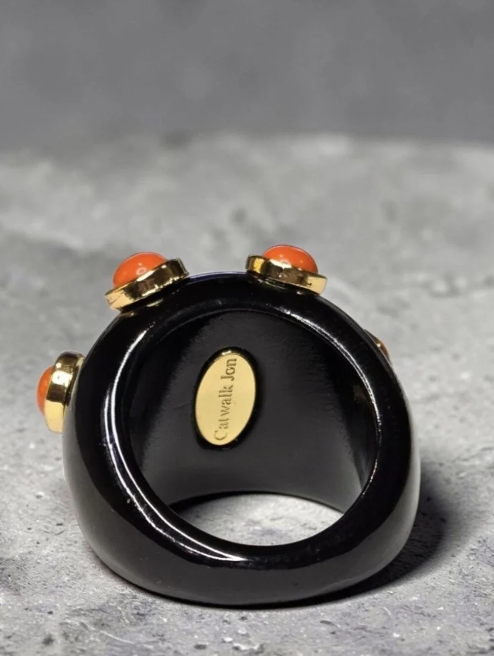 Chunky Catwalk Jon Oversized Domed Onyx Lucite Coral Cabochon Cocktail Ring